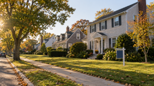 Tree-lined street of single-family homes in a Long Island suburb